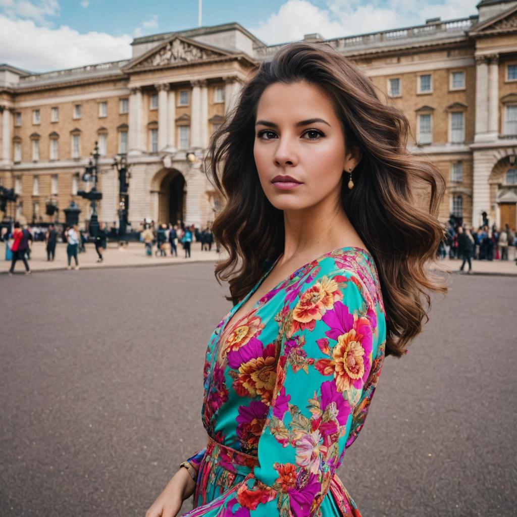 Confident woman in floral dress near elegant building