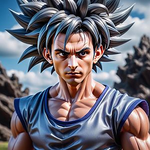 Muscular Man with Silver-Gray Hair in Rocky Landscape