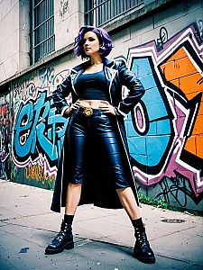Confident Woman in Black Leather Outfit With Purple Hair in Urban Graffiti Alley