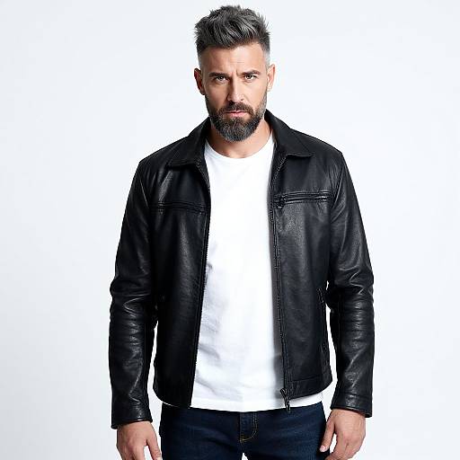 Man Wearing Black Leather Jacket and White T-Shirt Portrait