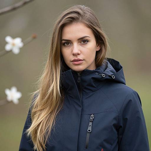 Young Woman in Navy Hooded Jacket Outdoors with Blossoms