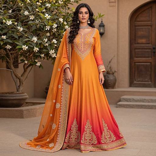 Elegant Woman in Orange Red Gradient Embroidered Anarkali Dress Outdoors