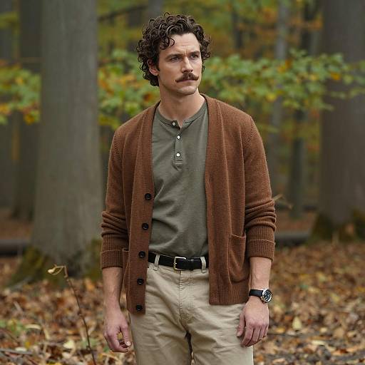Man in Brown Cardigan Standing in Autumn Forest