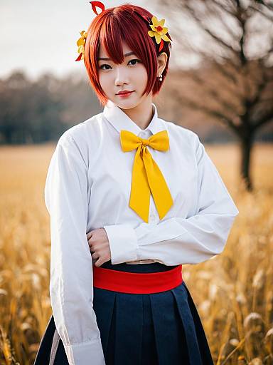 Hanasaki Miyabi Cosplay in Vibrant Anime School Uniform Outdoors