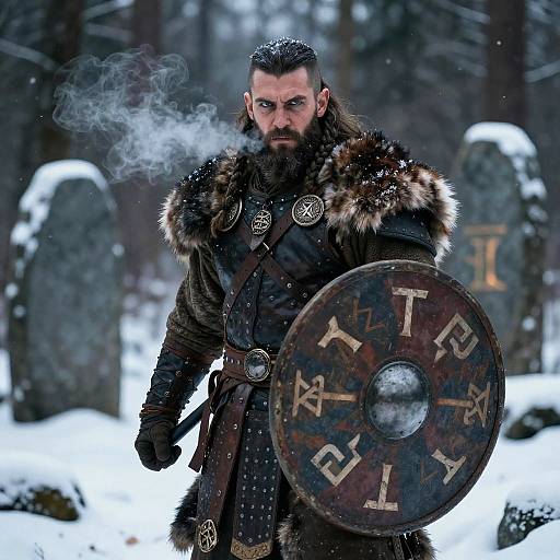 Viking Warrior in Snowy Forest with Rune-Inscribed Shield