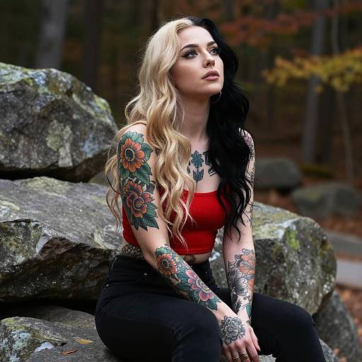 Tattooed Woman with Two-Tone Hair in Autumn Forest