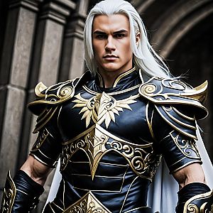 Fantasy Warrior Man in Ornate Black and Gold Armor with White Hair