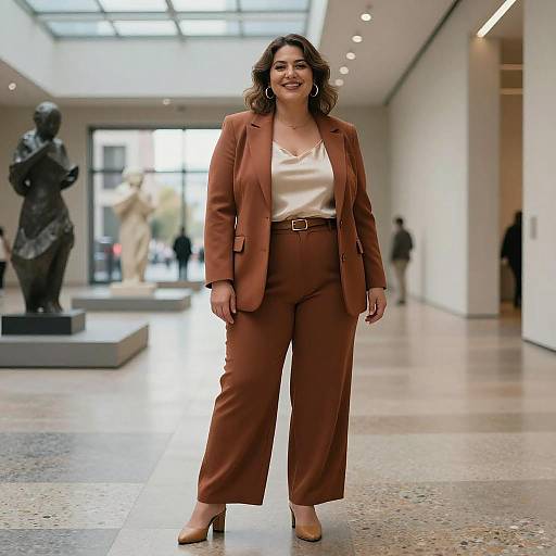 Confident Woman in Brown Pantsuit at Modern Art Gallery