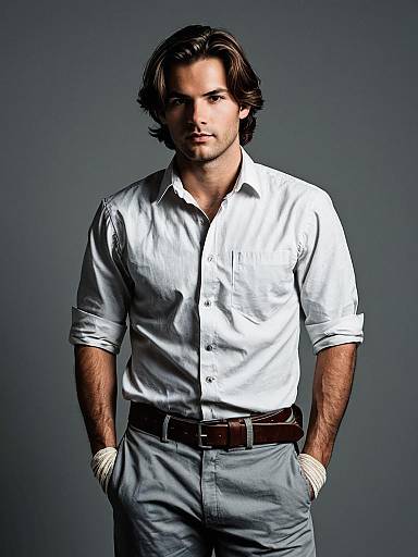 Confident Young Man in White Shirt and Grey Pants Smart-Casual Outfit