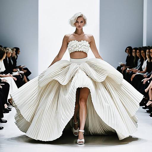 Avant-Garde Ivory Pleated Skirt and Floral Crop Top Fashion Runway Look