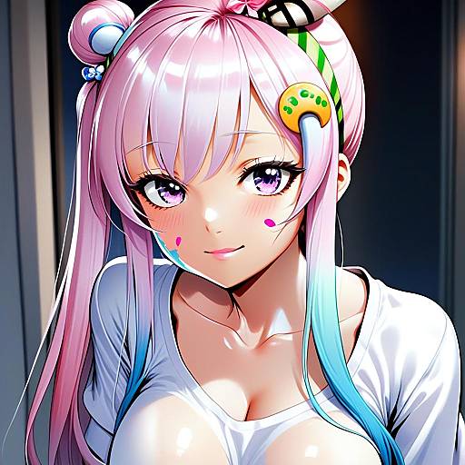 Anime Girl with Pink and Blue Hair in Digital Illustration Style