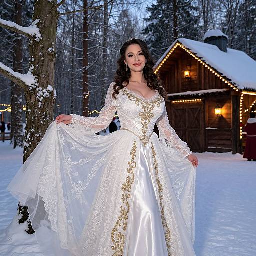 Elegant Woman in Embroidered White Gown in Snowy Forest with Rustic Cabin