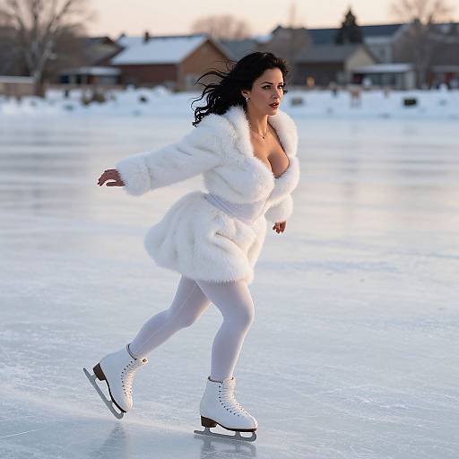 Woman Ice Skater in White Fur Coat on Outdoor Ice Rink