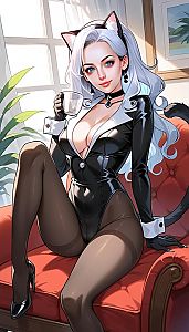 Stylish Anime Woman in Black Leather Catsuit Sitting on Red Armchair