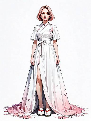 Realistic Comic Style Woman in White Kimono Dress Full Body Illustration