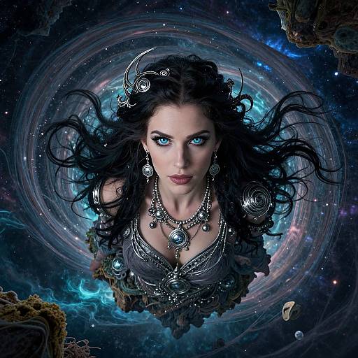 Fantasy Woman in Cosmic Space with Silver Jewelry