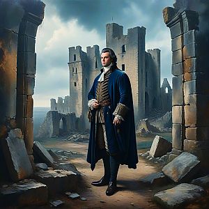 Man in 18th-Century Attire Amid Castle Ruins
