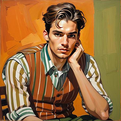 Thoughtful Young Man Portrait Digital Painting with Striped Shirt and Brown Vest