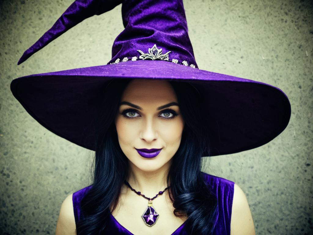 Elegant Woman in Purple Good Witch Costume with Pointed Hat and Velvet Dress