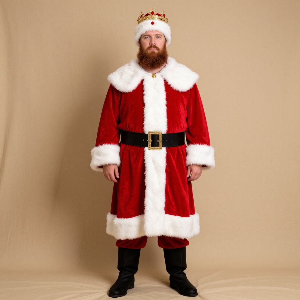 Man in Santa Claus Outfit with Crown Standing Against Beige Background