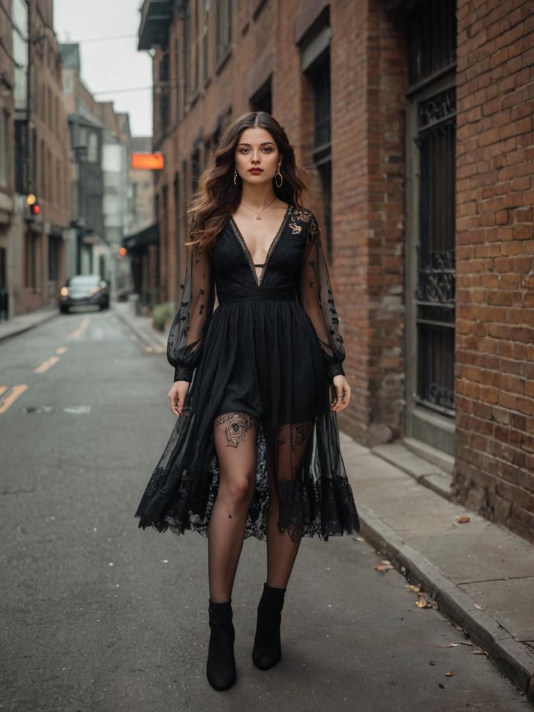 Stylish Woman in Lace-Trimmed Black Dress in Urban Setting