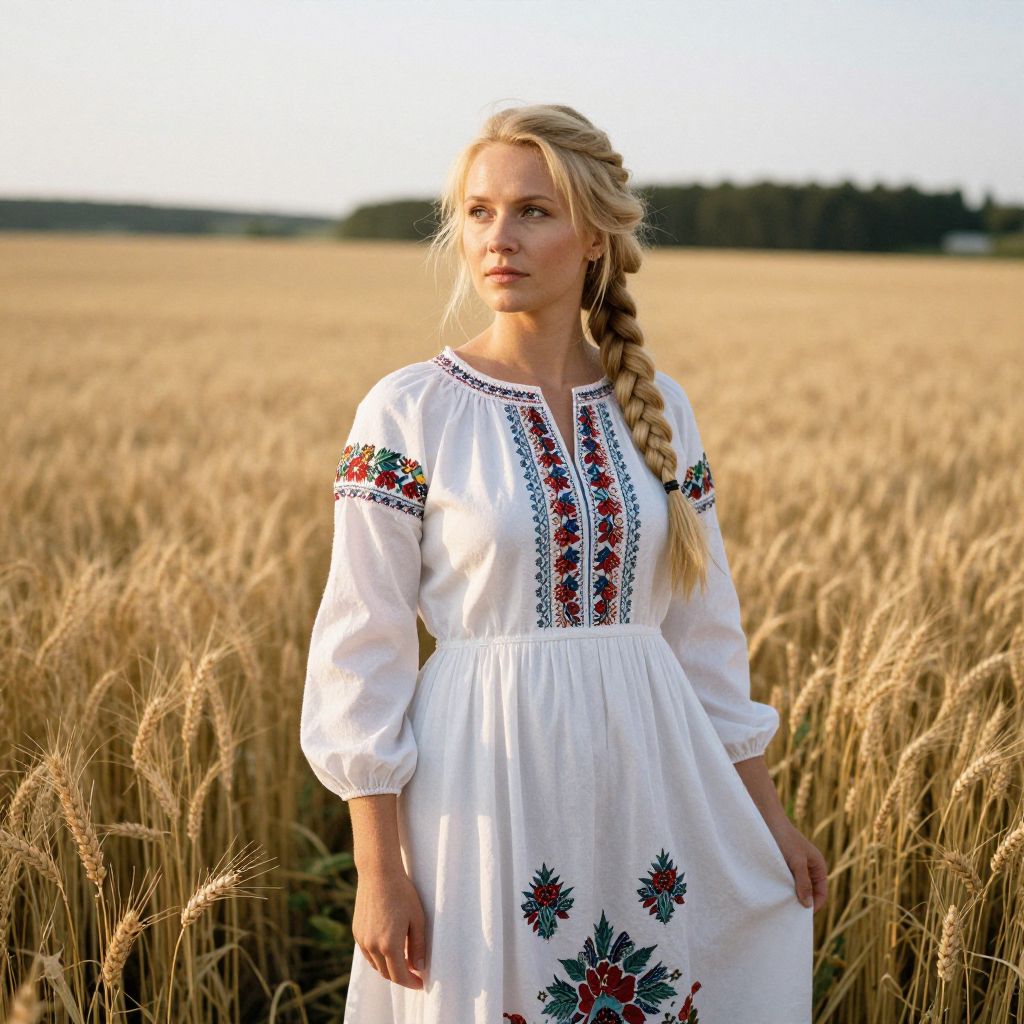 Woman in Traditional Embroidered Dress in Wheat Field