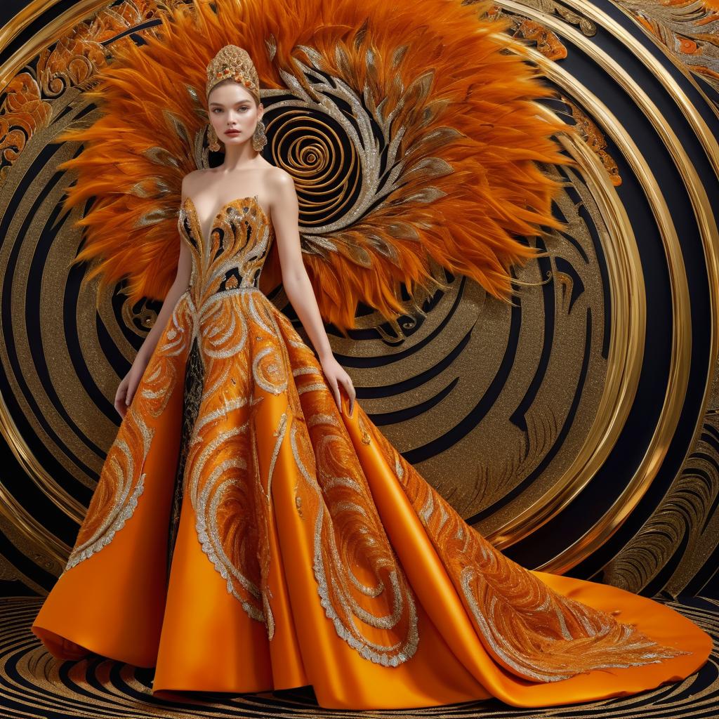 Extravagant Orange Gown with Gold Embroidery