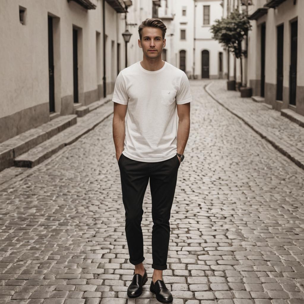 Confident Man in Serene Cobblestoned Alleyway