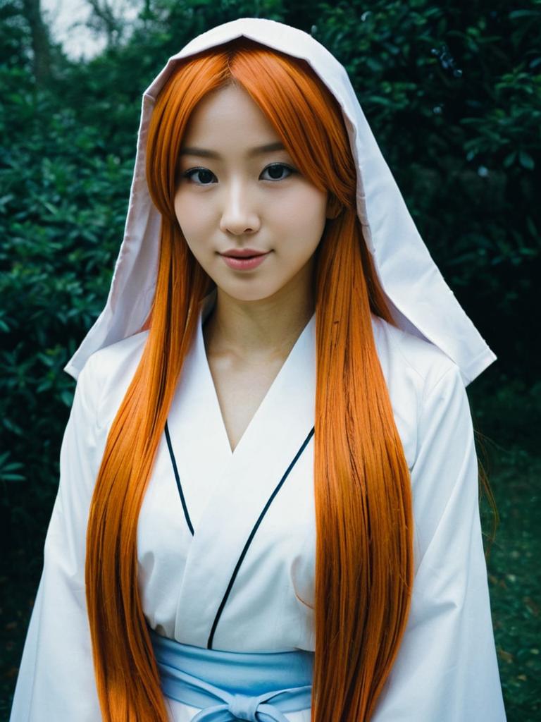 Realistic Orihime Inoue Cosplay Woman with Long Orange Hair Outdoors