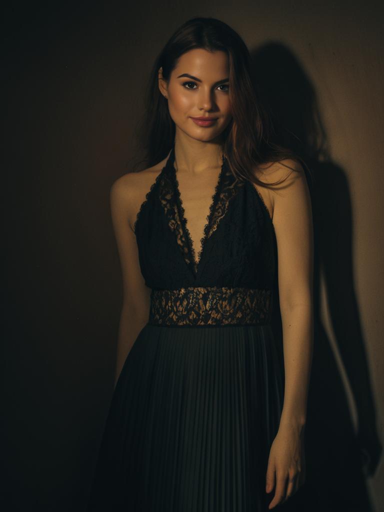 Elegant Woman in Black Sleeveless Halter Dress with Lace Detail