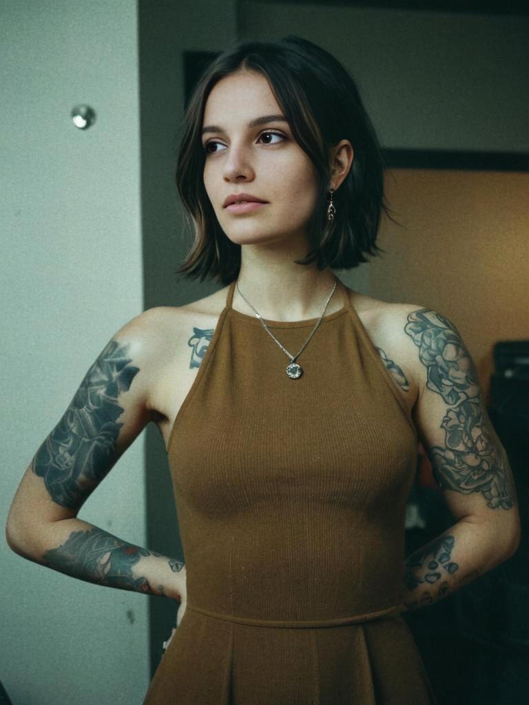 Young Woman with Arm Tattoos Wearing Brown Dress Indoor Portrait
