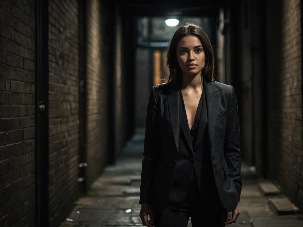 Confident Woman in Stylish Blazer in Urban Alleyway