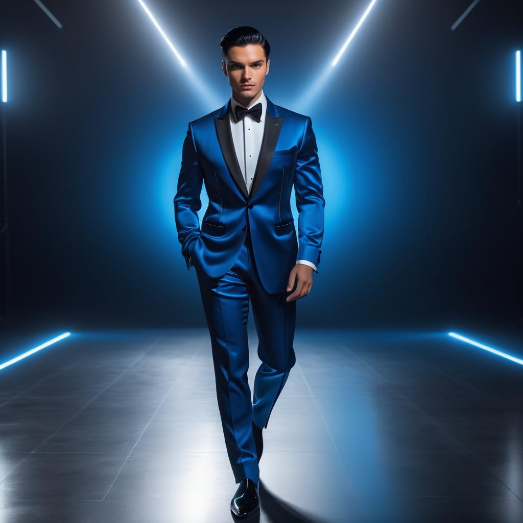 Dapper Man in Blue Tuxedo on Runway