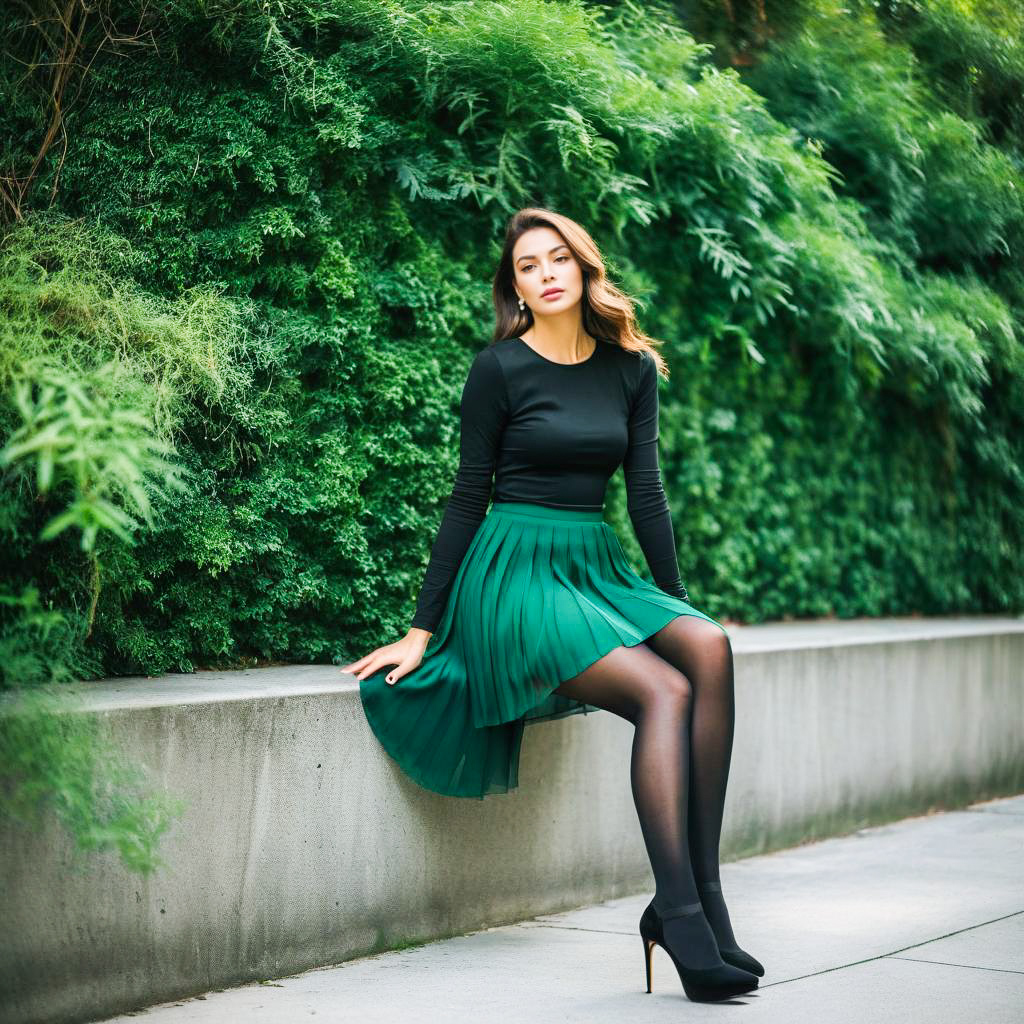 Stylish Woman on Concrete Ledge in Green Foliage
