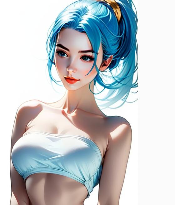Digital Illustration of Young Woman with Blue Hair in White Tube Top