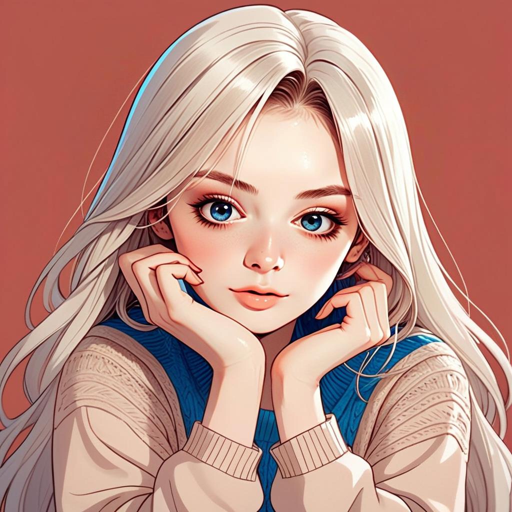 Anime Style Portrait of Blonde Woman with Blue Eyes in Cozy Sweater