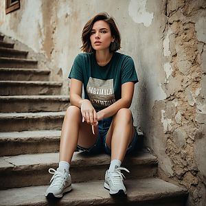 Young woman on stone steps in urban setting