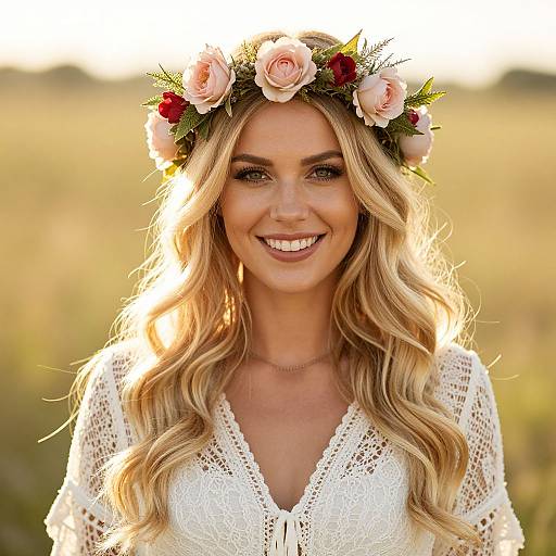 Smiling Blonde Woman with Floral Crown in Sunlit Field