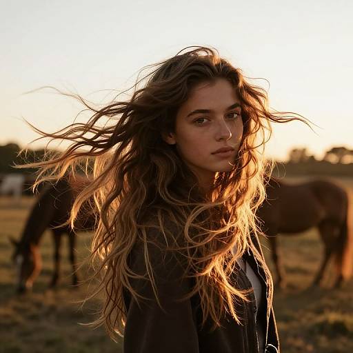 Young Woman with Flowing Hair at Sunset in Pasture with Horses