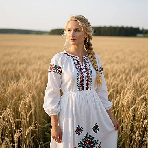 Woman in Traditional Embroidered Dress in Wheat Field