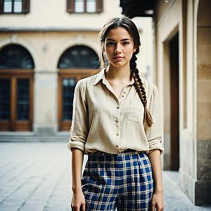 Confident Young Woman in Urban Courtyard