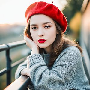 Young Woman in Red Beret and Gray Sweater