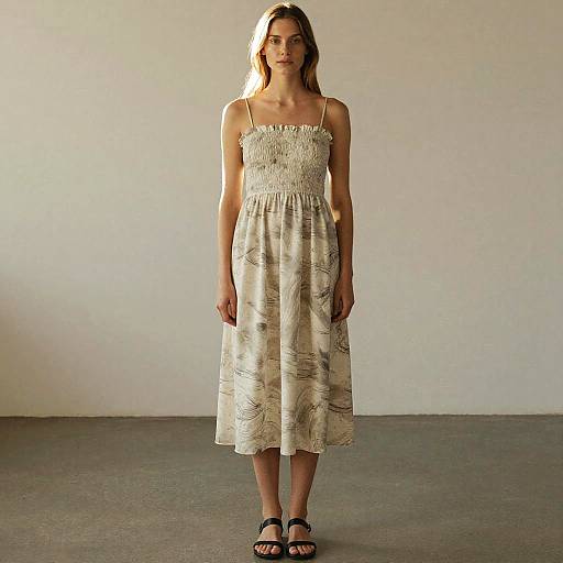 Gen Z Woman Wearing Minimalist Smocked Midi Dress with Abstract Print