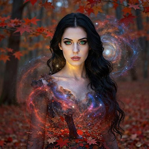 Mystical Woman with Green Eyes and Cosmic Galaxy Elements in Autumn Forest