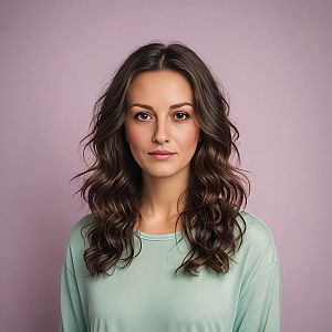 Young Woman with Curly Brown Hair in Green Top