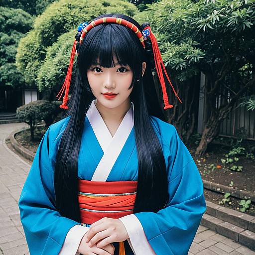 Woman in Traditional Kimono with Anime-Inspired Hairstyle Outdoor Portrait