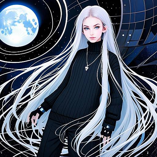 Anime Woman with Long Silver Hair and Full Moon in Cosmic Background