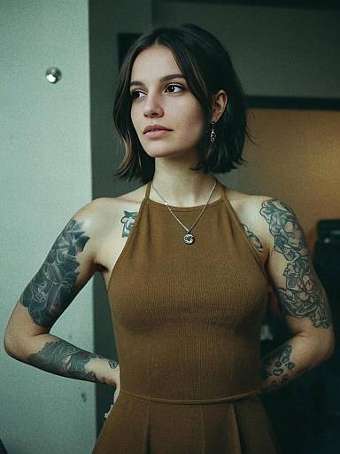 Young Woman with Arm Tattoos Wearing Brown Dress Indoor Portrait