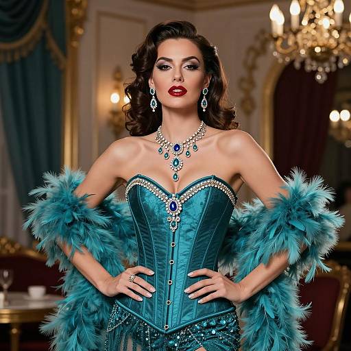 Glamorous Woman in Teal Beaded Corset and Feather Shawl with Vintage Hollywood Glam Style