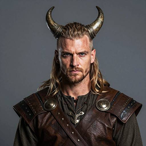 Viking Warrior Man with Horned Helmet and Leather Armor